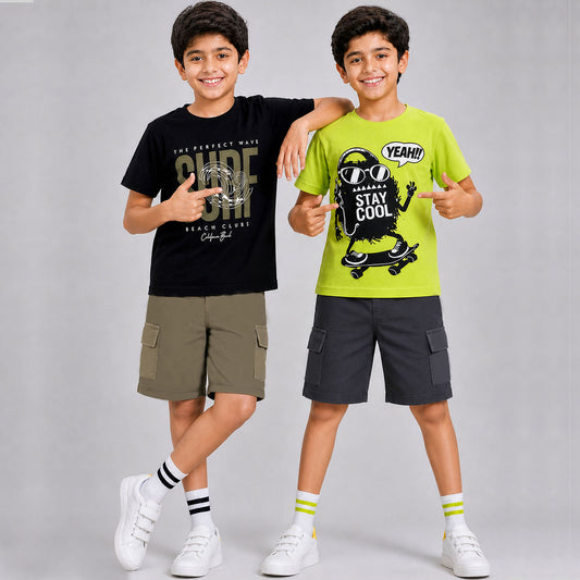 Kuchipoo Boys Cotton Half Sleeve T-Shirt & Cargo Shorts Set | Trendy Graphic Print Summer Wear | Soft & Breathable Kids Clothing Combo with Cargo Pockets | Pack of 2