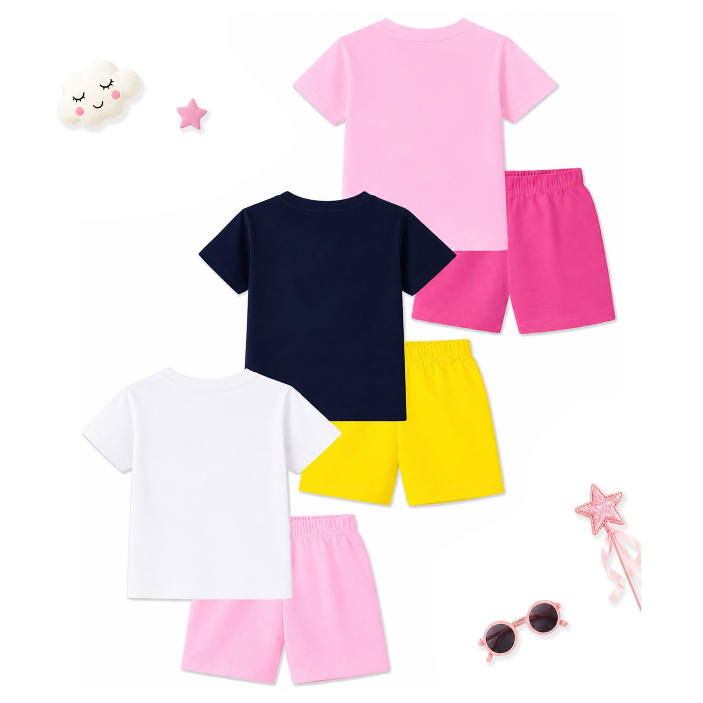 Kuchipoo Girls Cotton T-Shirt & Shorts Set | Half Sleeve Round Neck Top with Elastic Waist Shorts | Soft & Comfortable Casual Wear for Kids | Pack of 3