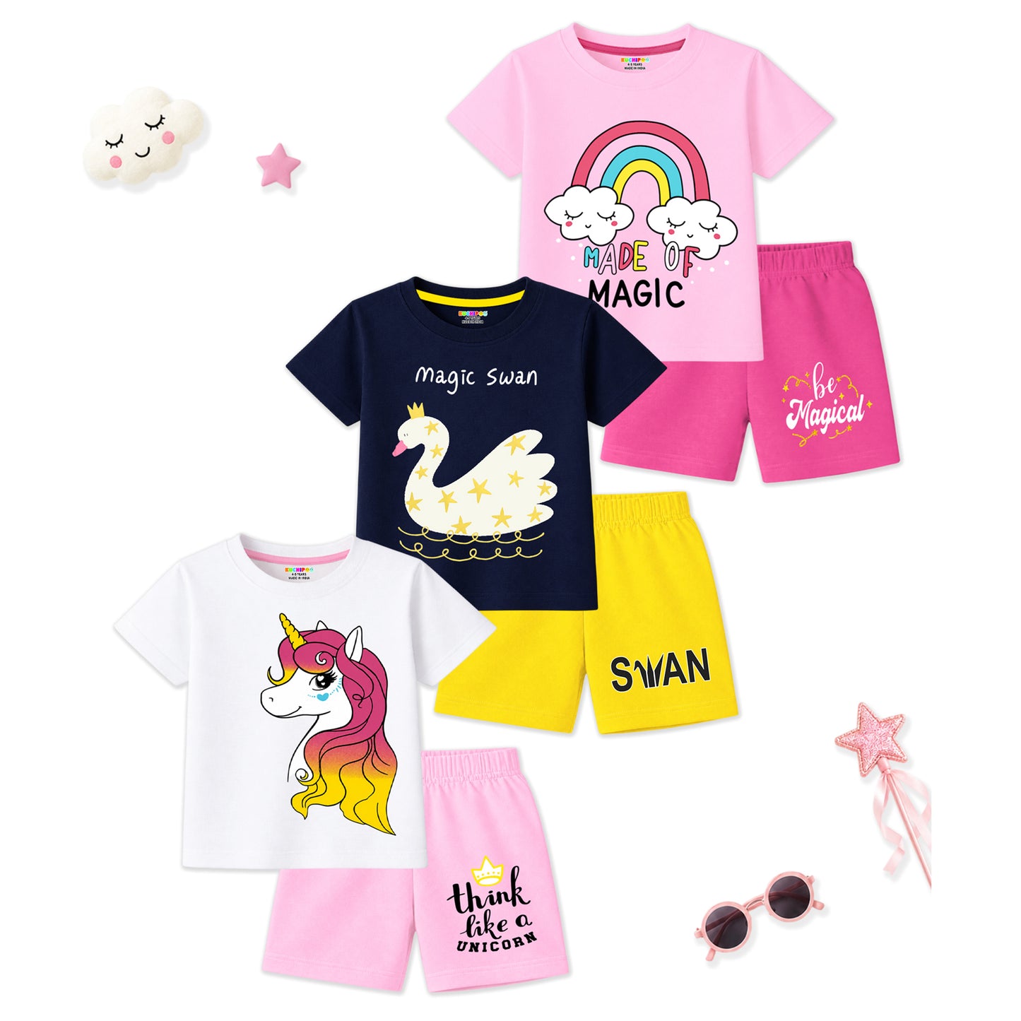 Kuchipoo Girls Cotton T-Shirt & Shorts Set | Half Sleeve Round Neck Top with Elastic Waist Shorts | Soft & Comfortable Casual Wear for Kids | Pack of 3