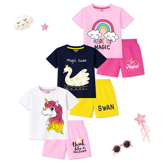 Kuchipoo Girls Cotton T-Shirt & Shorts Set | Half Sleeve Round Neck Top with Elastic Waist Shorts | Soft & Comfortable Casual Wear for Kids | Pack of 3