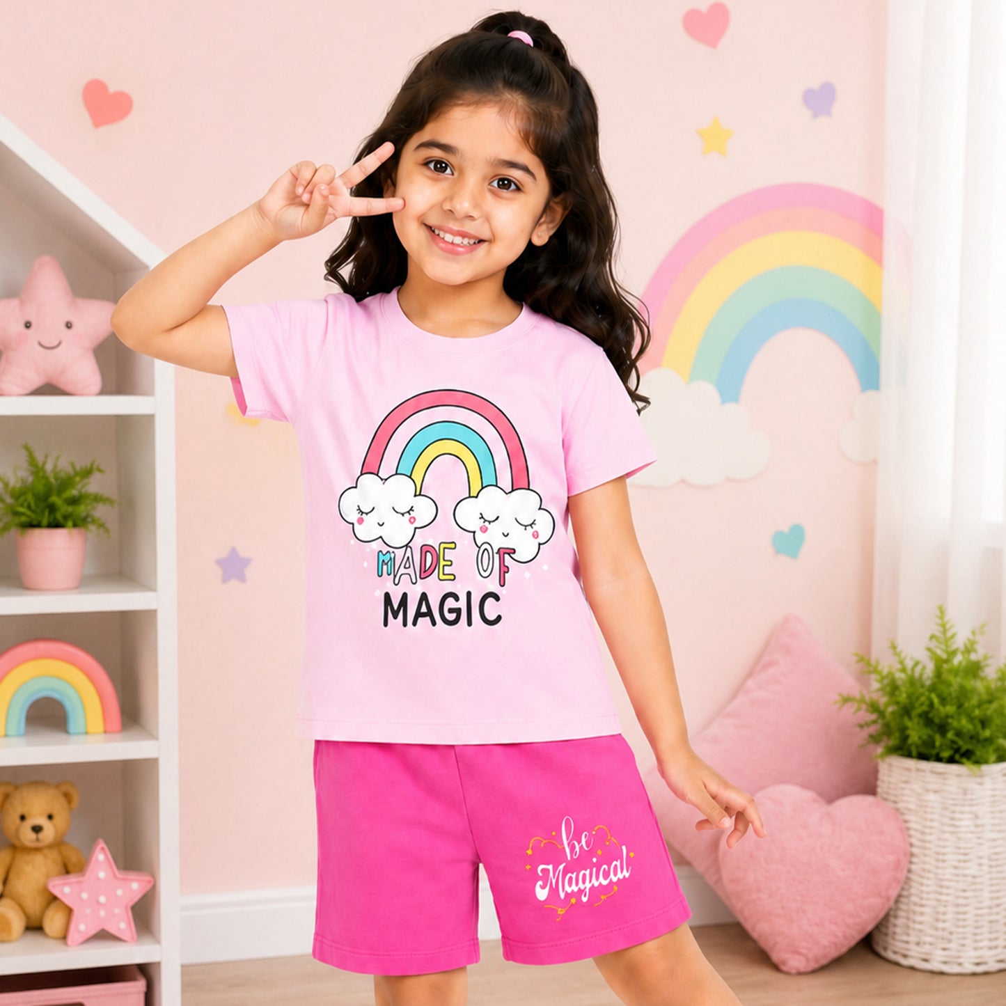 Kuchipoo Girls Cotton T-Shirt & Shorts Set | Half Sleeve Round Neck Top with Elastic Waist Shorts | Soft & Comfortable Casual Wear for Kids | Pack of 3