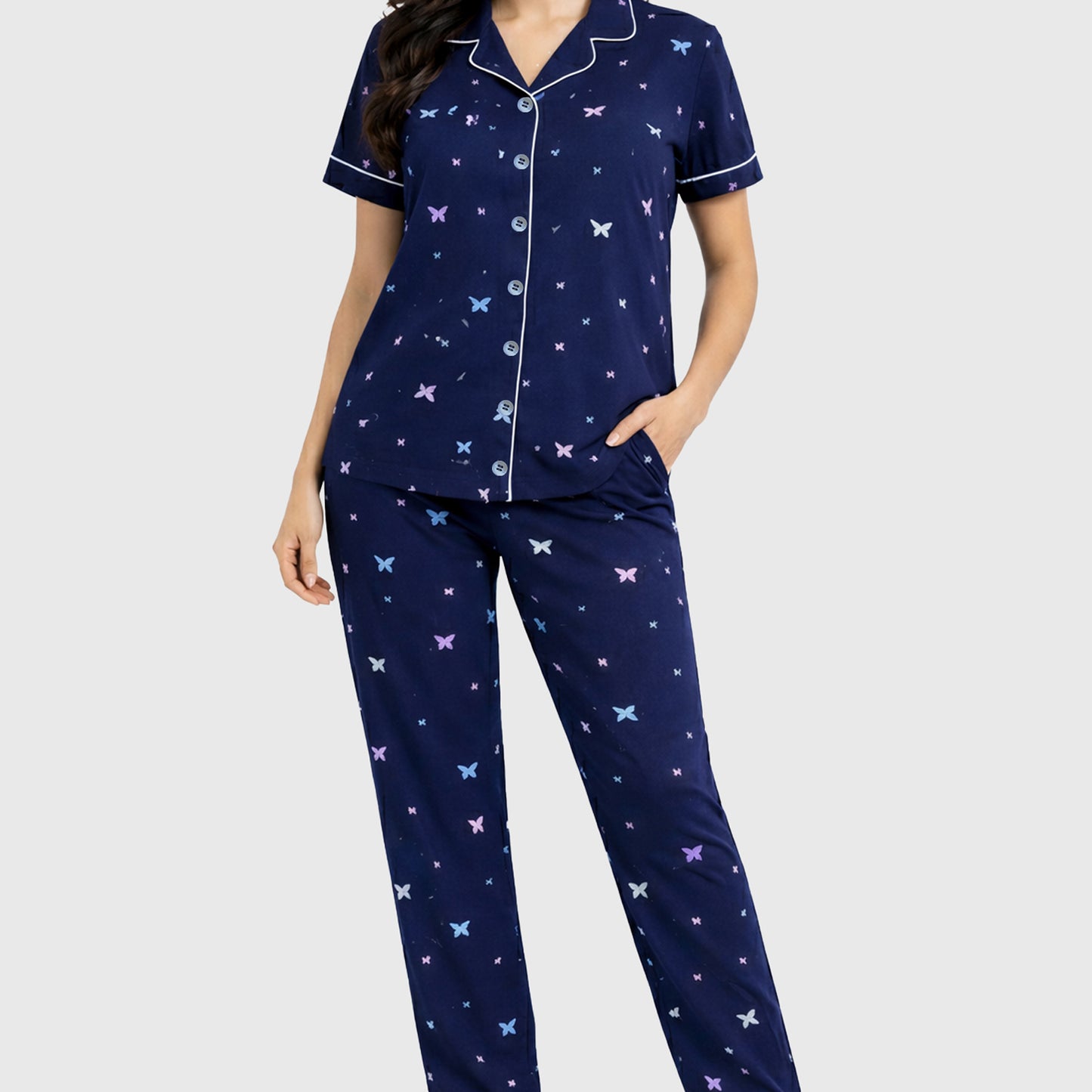 Kuchipoo Women’s 100% Cotton Nightwear Pajama Set | Printed Half Sleeve Button-Down Top & Full Length Pyjama | Soft Comfortable Sleepwear