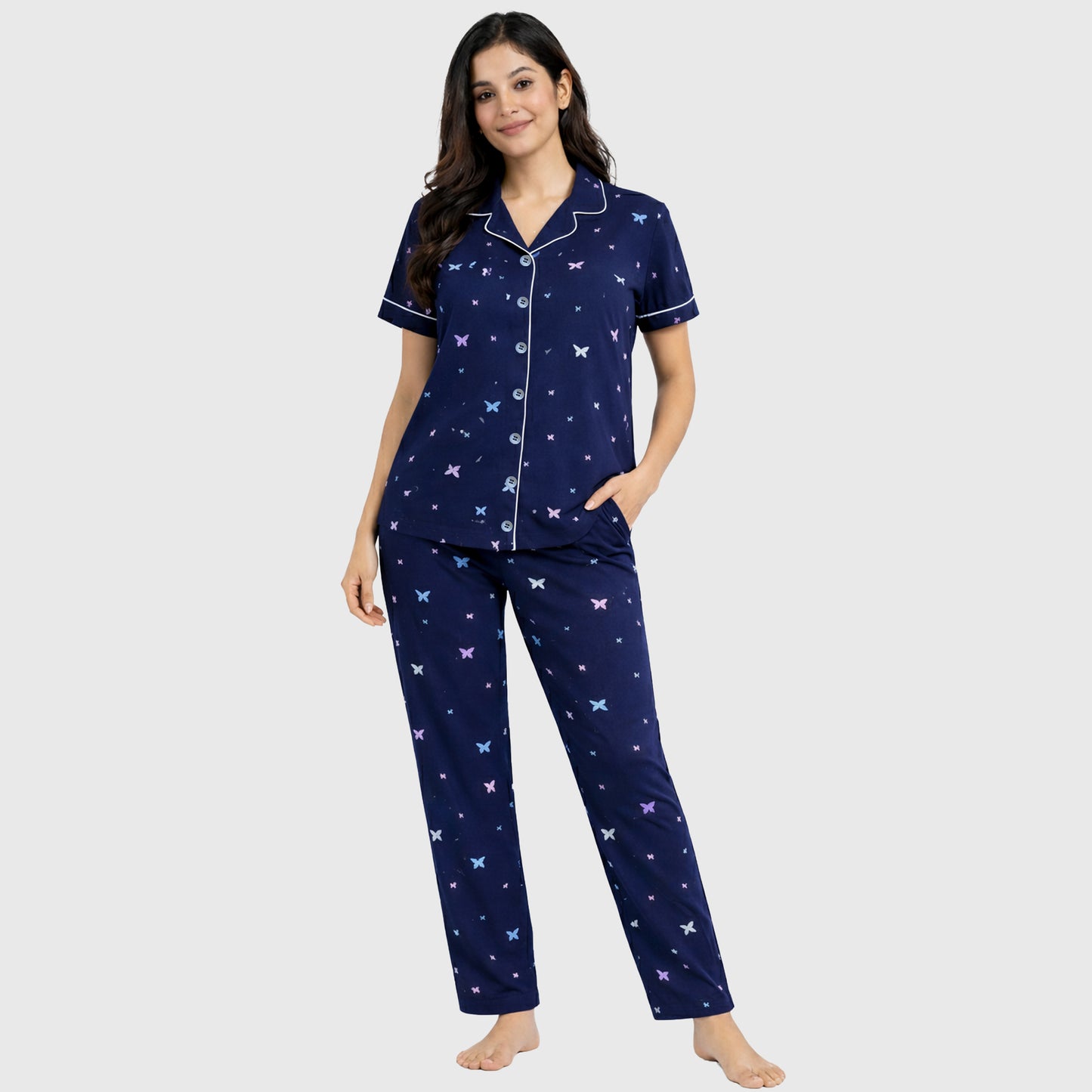 Kuchipoo Women’s 100% Cotton Nightwear Pajama Set | Printed Half Sleeve Button-Down Top & Full Length Pyjama | Soft Comfortable Sleepwear