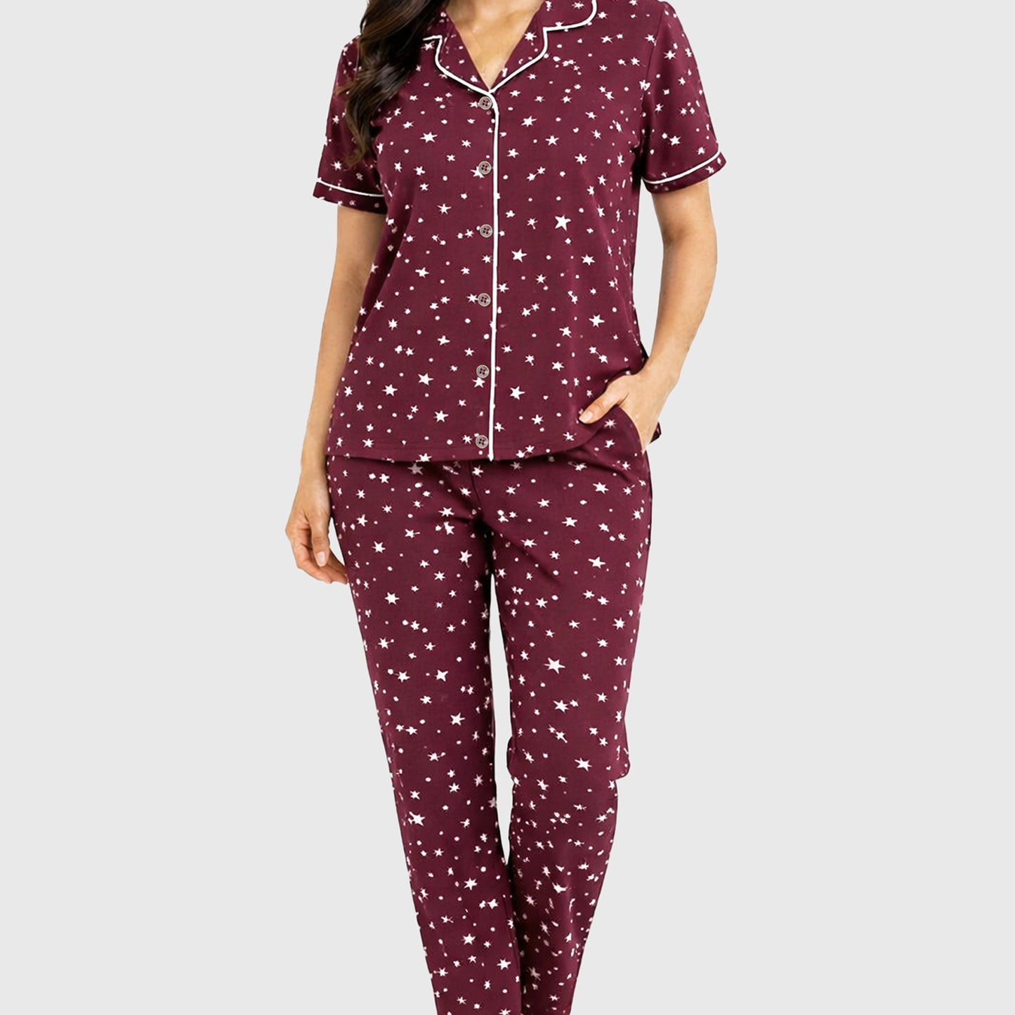 Kuchipoo Women’s 100% Cotton Nightwear Pajama Set | Printed Half Sleeve Button-Down Top & Full Length Pyjama | Soft Comfortable Sleepwear (Copy)