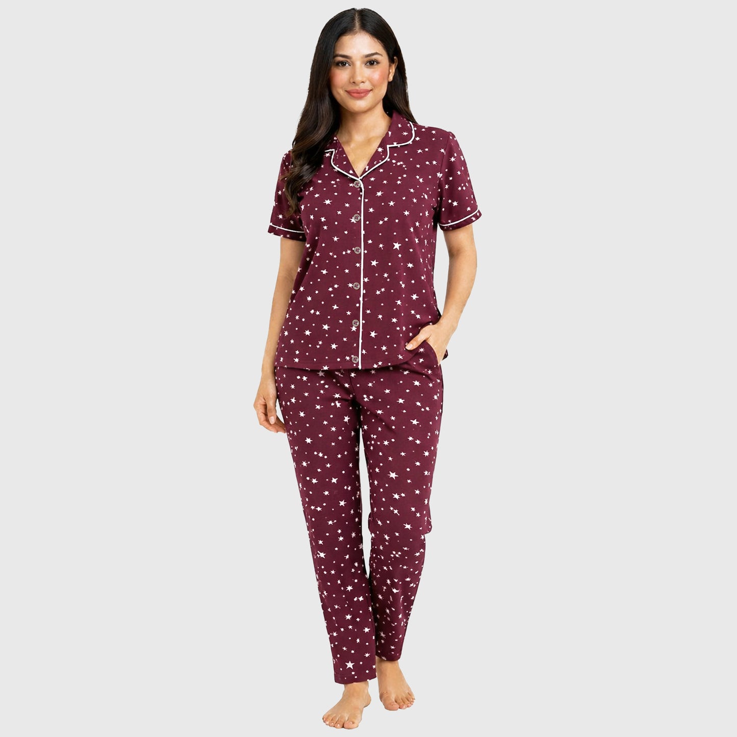 Kuchipoo Women’s 100% Cotton Nightwear Pajama Set | Printed Half Sleeve Button-Down Top & Full Length Pyjama | Soft Comfortable Sleepwear (Copy)