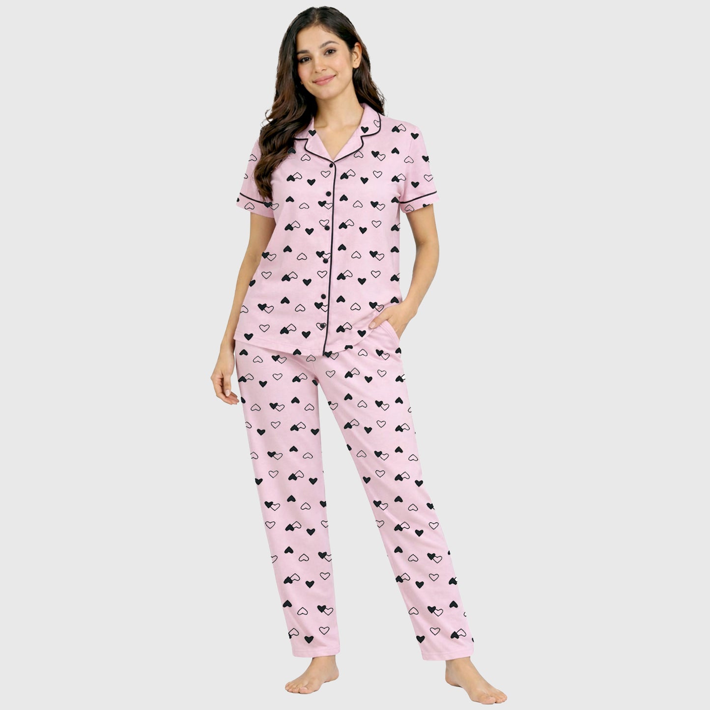 Kuchipoo Women’s 100% Cotton Nightwear Pajama Set | Printed Half Sleeve Button-Down Top & Full Length Pyjama | Soft Comfortable Sleepwear (Copy) (Copy)