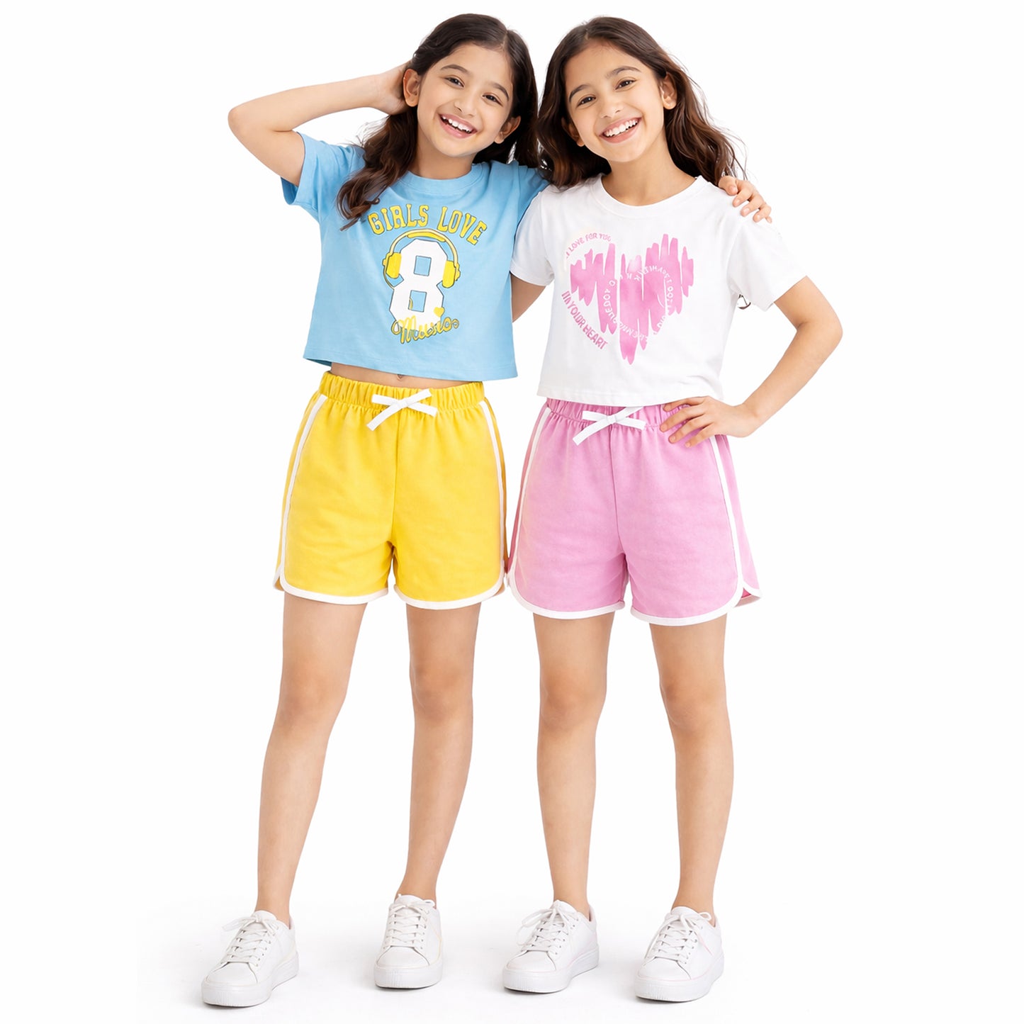Kuchipoo Girls Cotton Crop Top & Shorts Set | Trendy Graphic Print Summer Wear | Soft & Breathable Kids Clothing Combo | Pack of 2