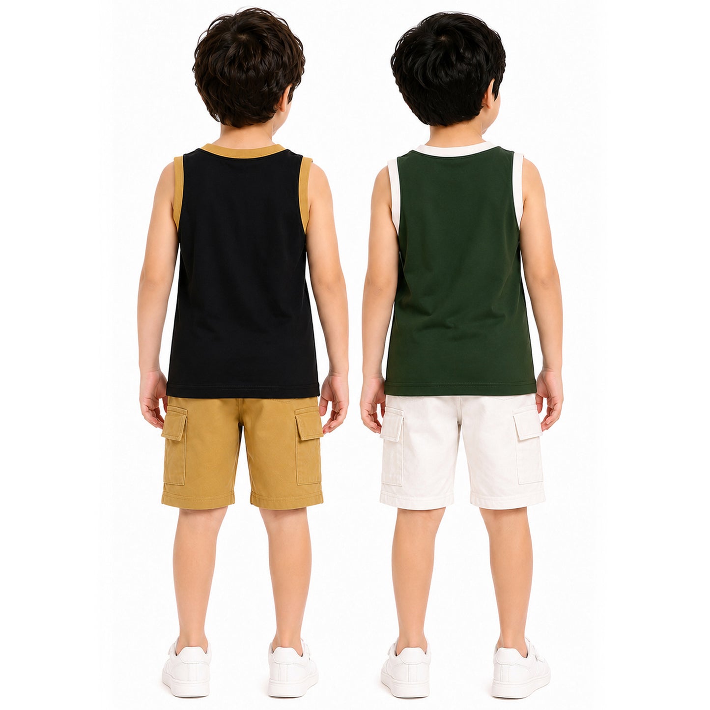 Kuchipoo Boys Cotton Sleeveless T-Shirt & Cargo Shorts Set | Trendy Graphic Print Summer Wear | Soft & Breathable Kids Clothing Combo with Cargo Pockets | Pack of 2