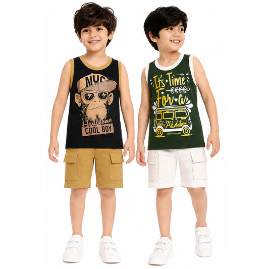 Kuchipoo Boys Cotton Sleeveless T-Shirt & Cargo Shorts Set | Trendy Graphic Print Summer Wear | Soft & Breathable Kids Clothing Combo with Cargo Pockets | Pack of 2