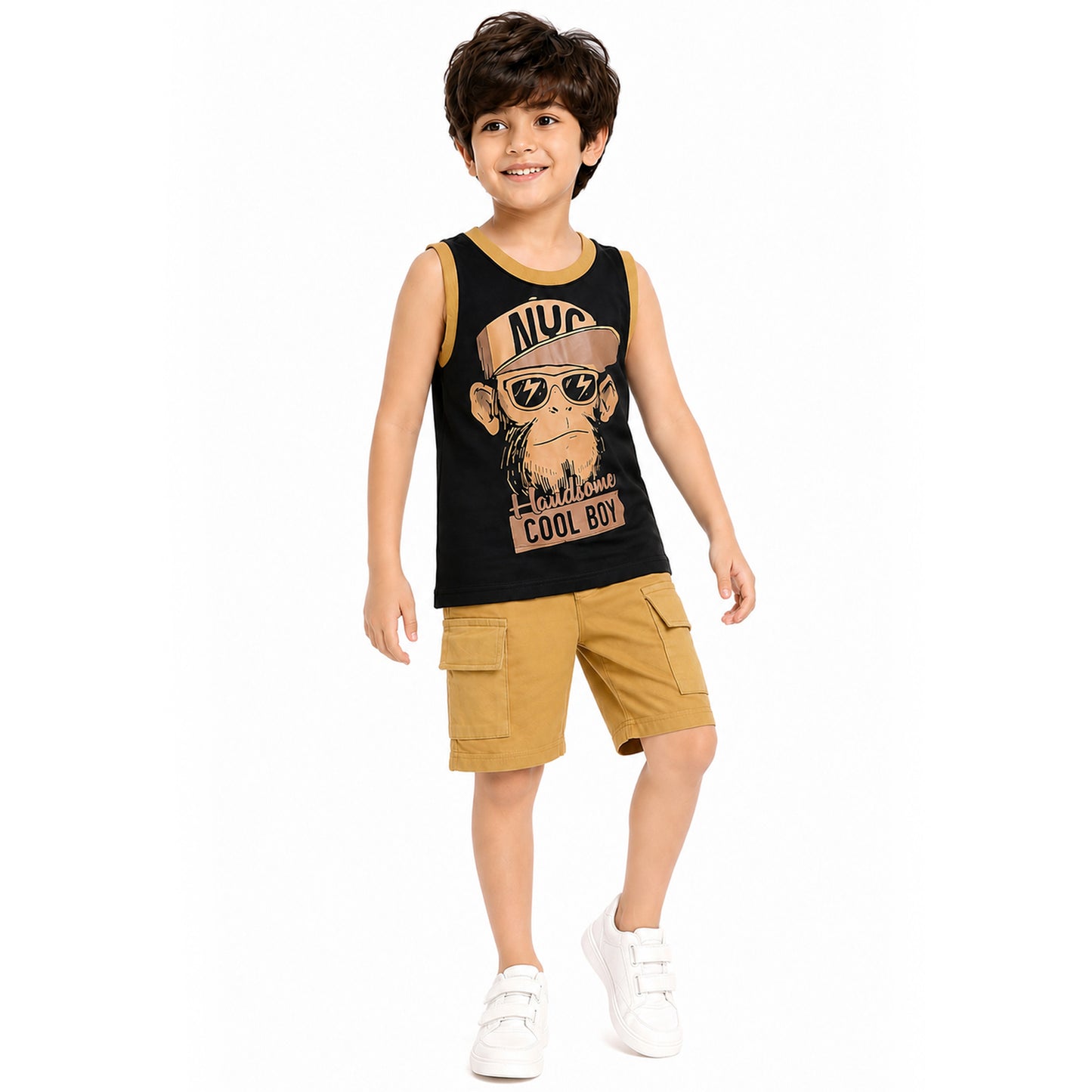 Kuchipoo Boys Cotton Sleeveless T-Shirt & Cargo Shorts Set | Trendy Graphic Print Summer Wear | Soft & Breathable Kids Clothing Combo with Cargo Pockets | Pack of 2