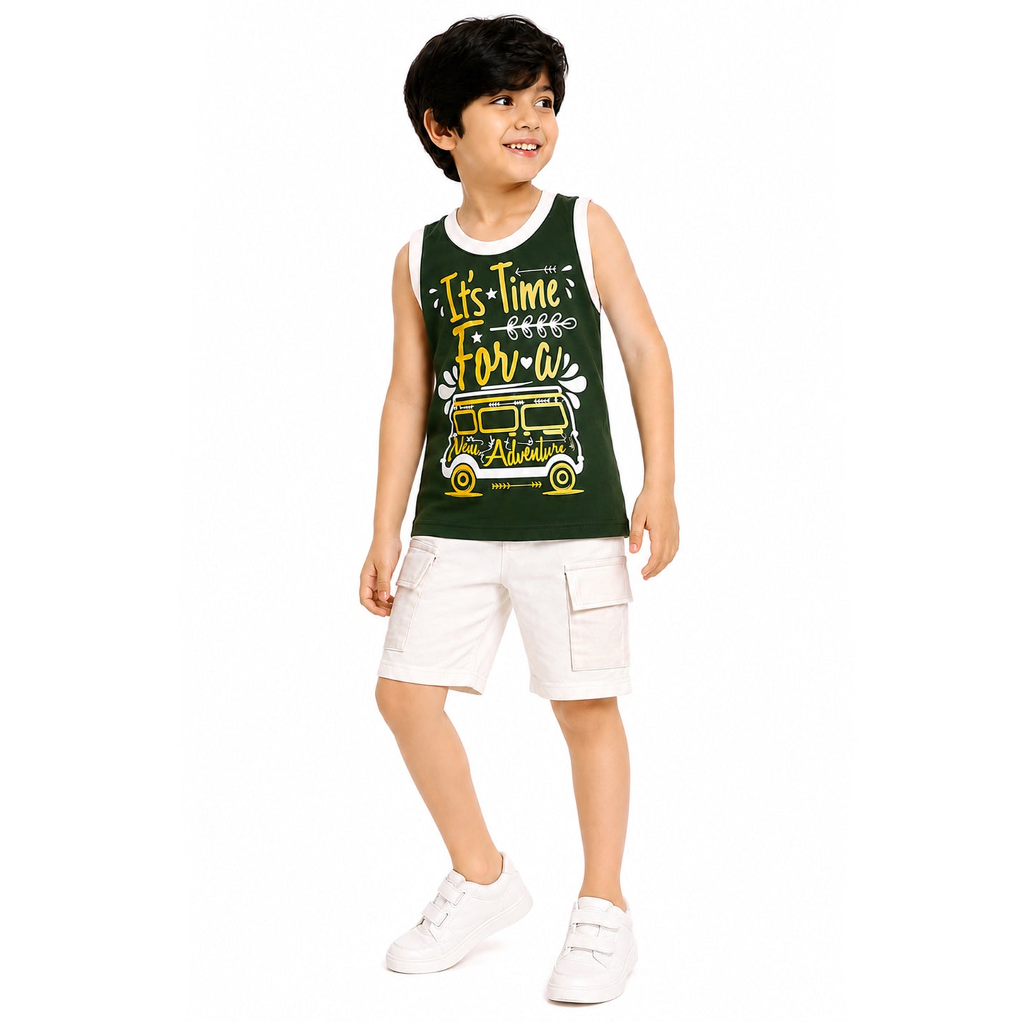 Kuchipoo Boys Cotton Sleeveless T-Shirt & Cargo Shorts Set | Trendy Graphic Print Summer Wear | Soft & Breathable Kids Clothing Combo with Cargo Pockets | Pack of 2