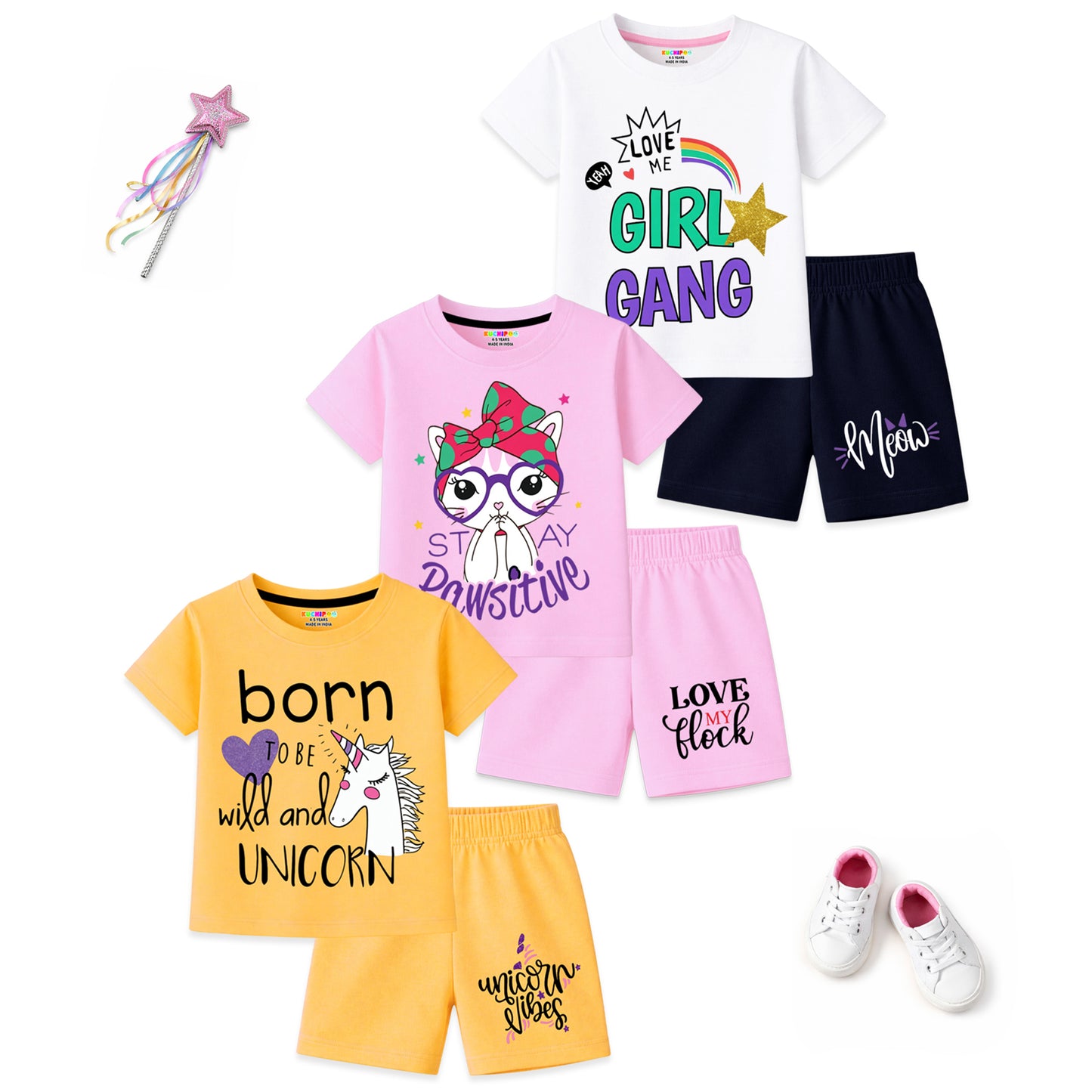 Kuchipoo Girls Cotton T-Shirt & Shorts Set | Half Sleeve Round Neck Top with Elastic Waist Shorts | Soft & Comfortable Casual Wear for Kids | Pack of 3