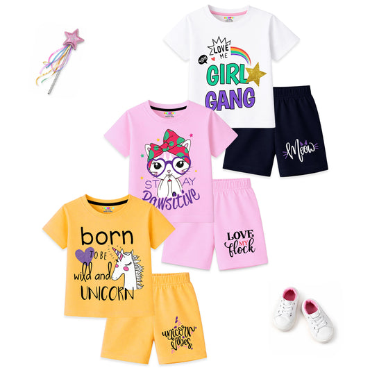 Kuchipoo Girls Cotton T-Shirt & Shorts Set | Half Sleeve Round Neck Top with Elastic Waist Shorts | Soft & Comfortable Casual Wear for Kids | Pack of 3