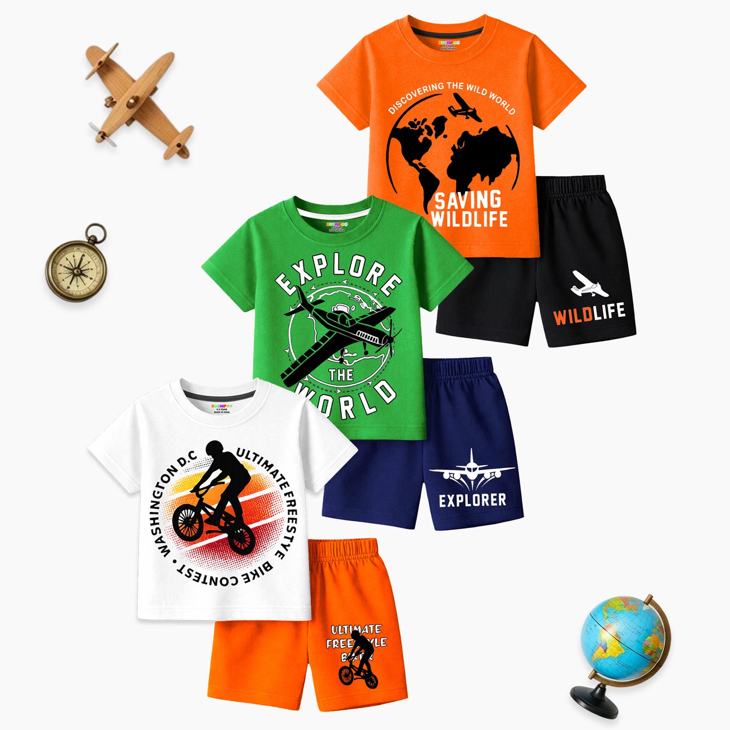 Kuchipoo Boys Cotton T-Shirt & Shorts Set | Half Sleeve Round Neck Top with Elastic Waist Shorts | Soft & Comfortable Casual Wear for Kids | Pack of 3