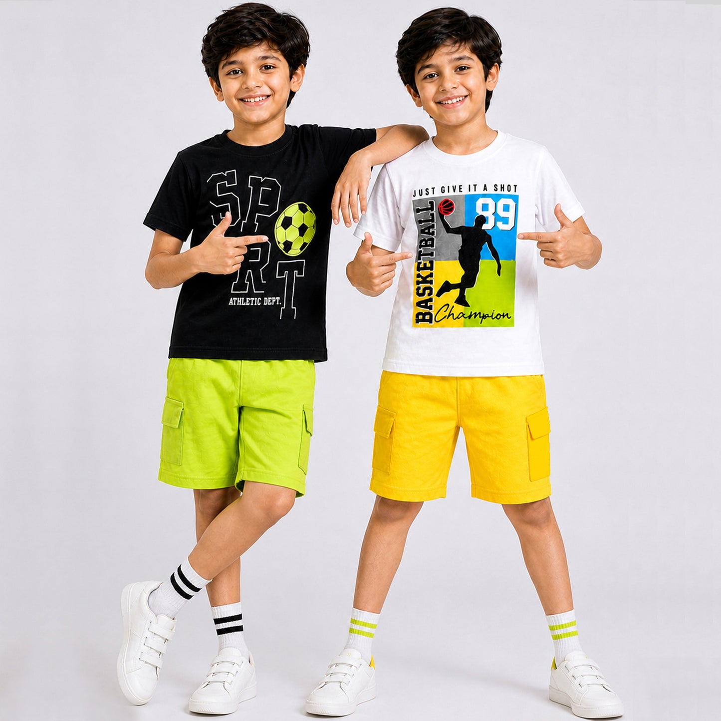 Kuchipoo Boys Cotton Half Sleeve T-Shirt & Cargo Shorts Set | Trendy Graphic Print Summer Wear | Soft & Breathable Kids Clothing Combo with Cargo Pockets | Pack of 2