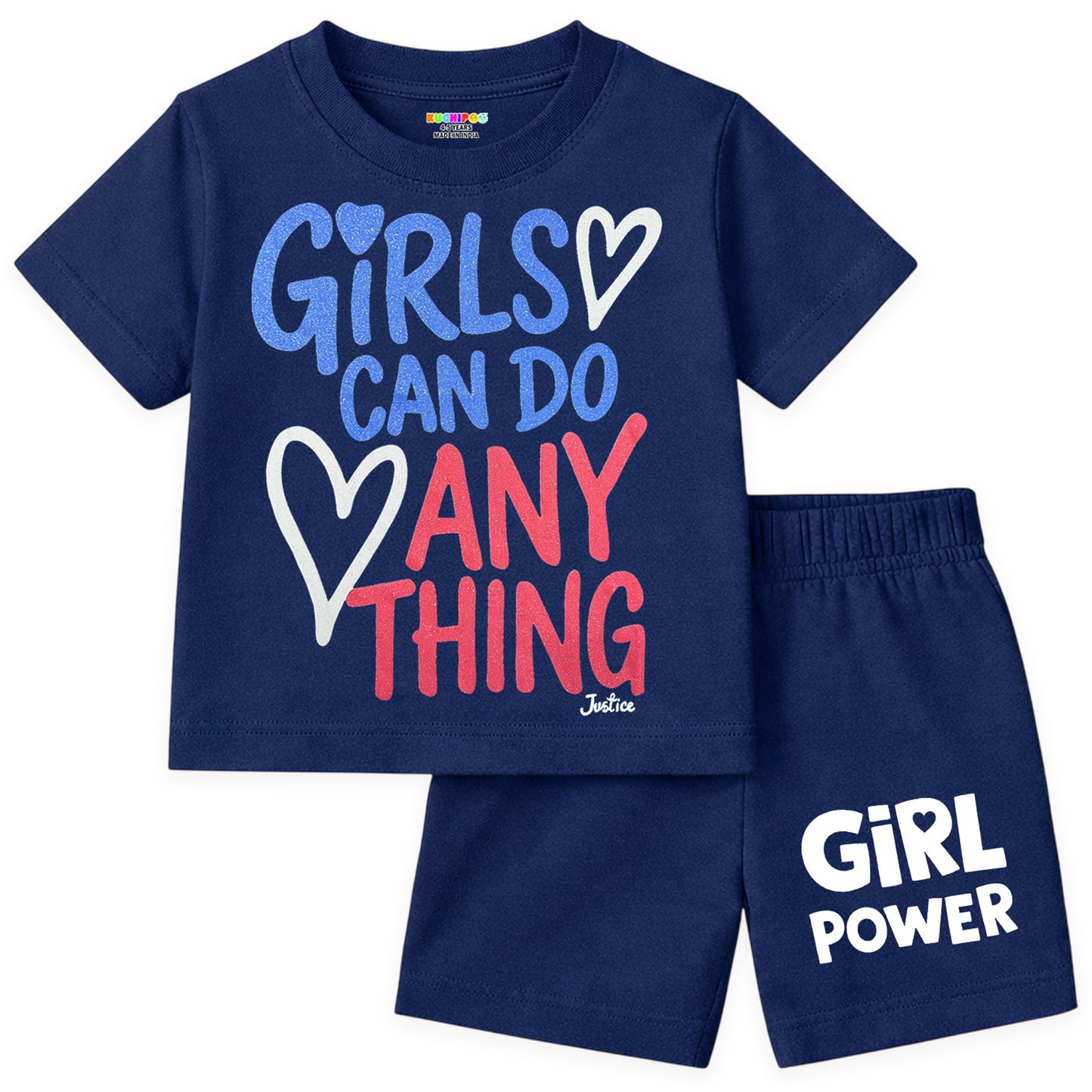 Kuchipoo Girls Cotton T-Shirt & Shorts Set | Half Sleeve Round Neck Top with Elastic Waist Shorts | Soft & Comfortable Casual Wear for Kids | Pack of 3