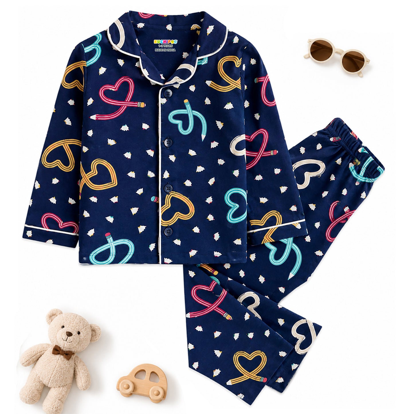 Kuchipoo Girls 100% Cotton Night Suit Set | Soft & Breathable Printed Pyjama Set | Full Sleeve Button Down Sleepwear for Girls