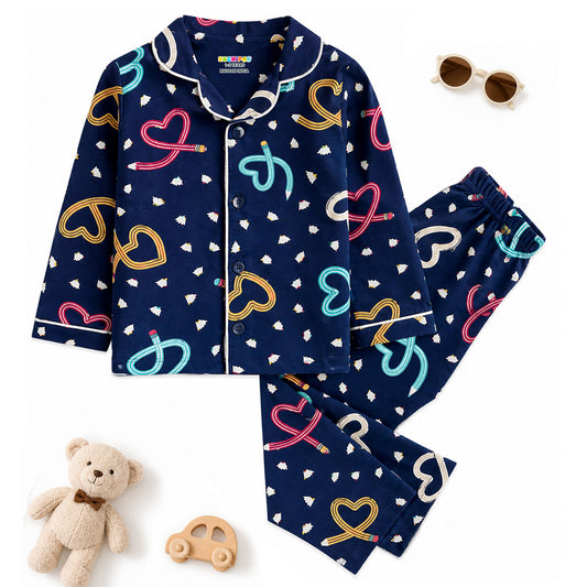 Kuchipoo Girls 100% Cotton Night Suit Set | Soft & Breathable Printed Pyjama Set | Full Sleeve Button Down Sleepwear for Girls
