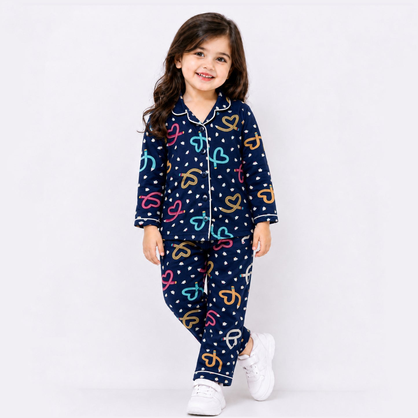 Kuchipoo Girls 100% Cotton Night Suit Set | Soft & Breathable Printed Pyjama Set | Full Sleeve Button Down Sleepwear for Girls