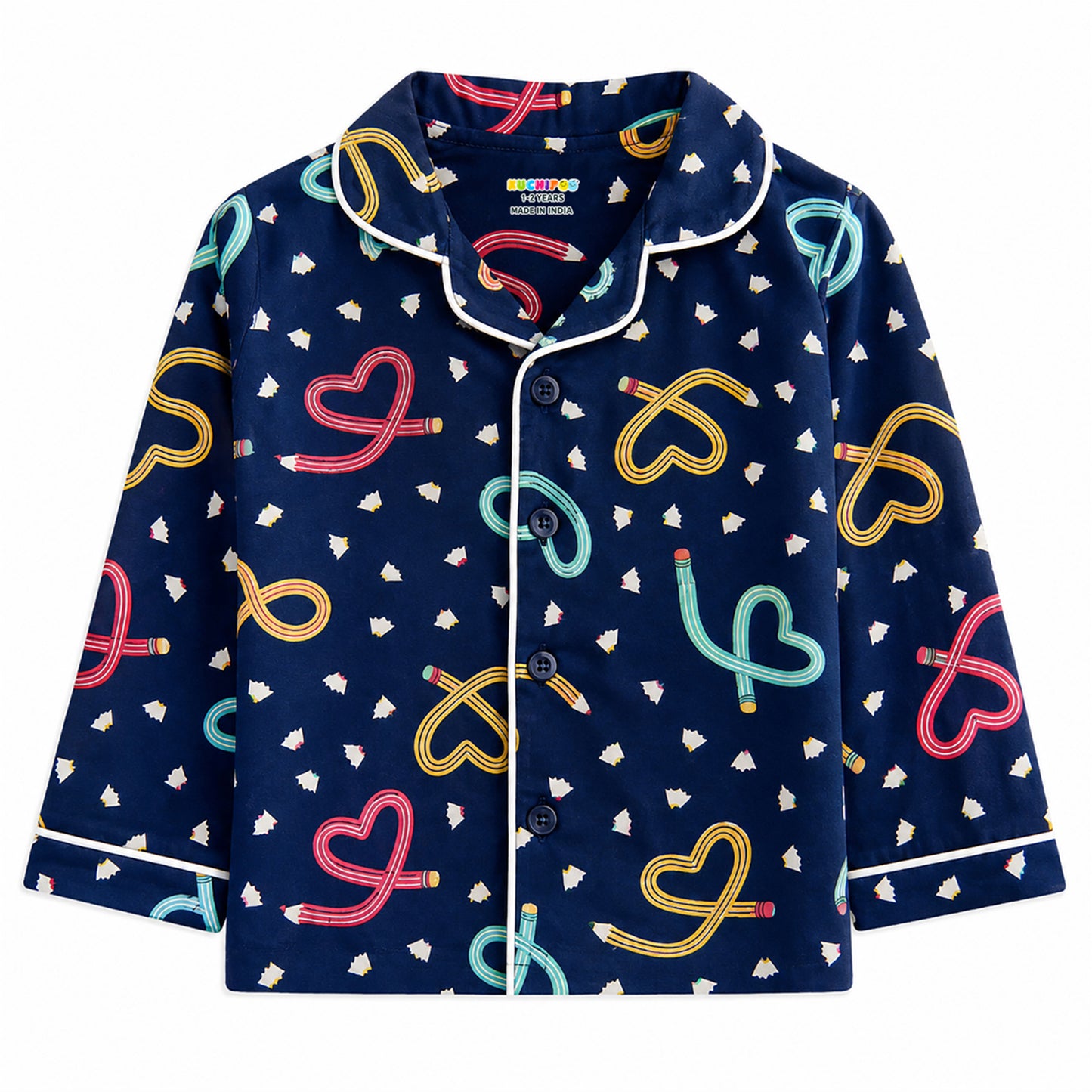 Kuchipoo Girls 100% Cotton Night Suit Set | Soft & Breathable Printed Pyjama Set | Full Sleeve Button Down Sleepwear for Girls