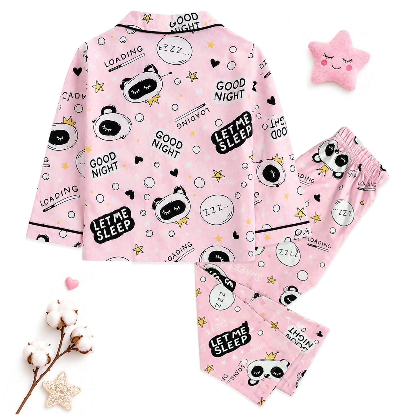 Kuchipoo Girls 100% Cotton Night Suit Set | Soft & Breathable Printed Pyjama Set | Full Sleeve Button Down Sleepwear for Girls