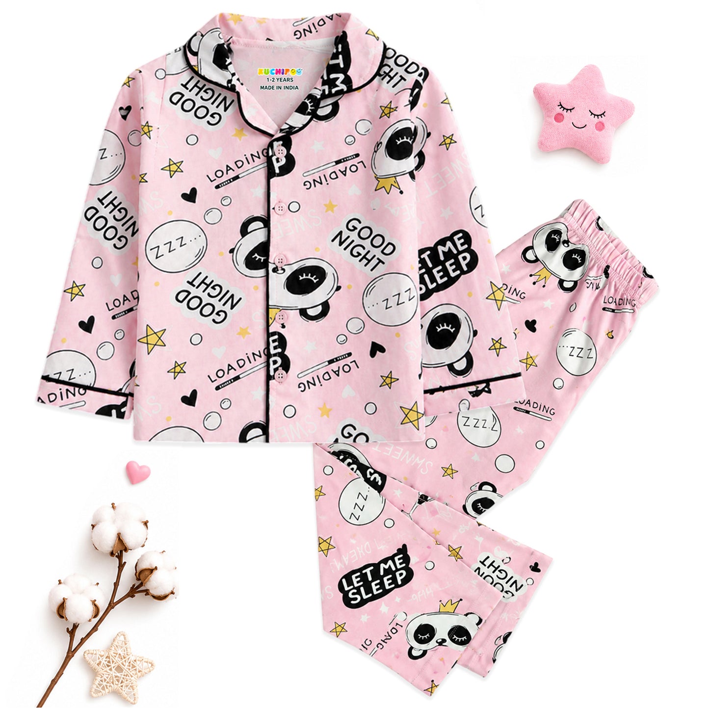 Kuchipoo Girls 100% Cotton Night Suit Set | Soft & Breathable Printed Pyjama Set | Full Sleeve Button Down Sleepwear for Girls