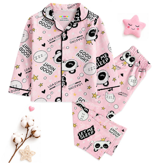 Kuchipoo Girls 100% Cotton Night Suit Set | Soft & Breathable Printed Pyjama Set | Full Sleeve Button Down Sleepwear for Girls