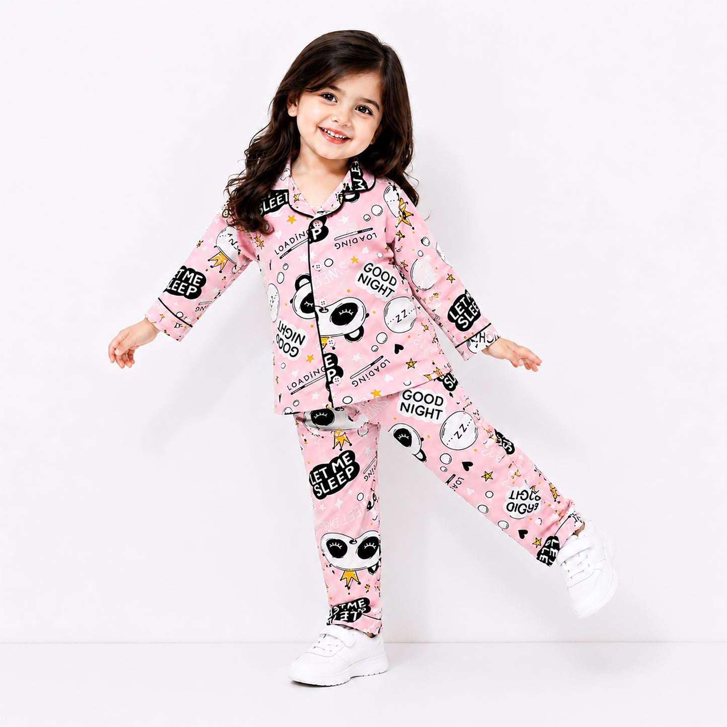 Kuchipoo Girls 100% Cotton Night Suit Set | Soft & Breathable Printed Pyjama Set | Full Sleeve Button Down Sleepwear for Girls