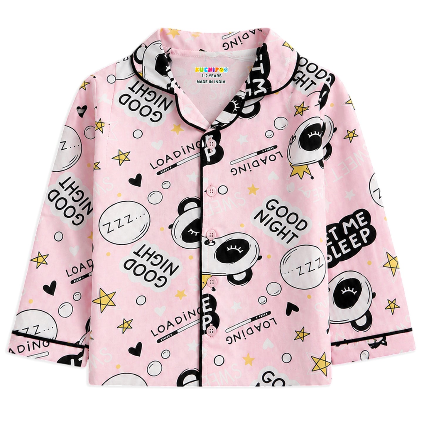 Kuchipoo Girls 100% Cotton Night Suit Set | Soft & Breathable Printed Pyjama Set | Full Sleeve Button Down Sleepwear for Girls