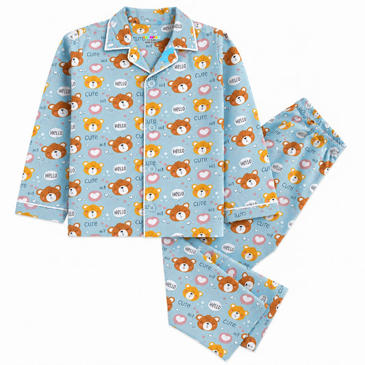 Kuchipoo Boys 100% Cotton Night Suit Set | Soft & Breathable Printed Pyjama Set | Full Sleeve Button Down Sleepwear for Boys