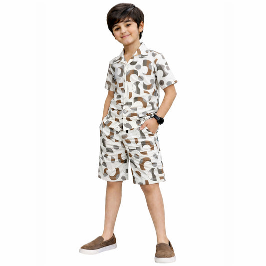 Kuchipoo Boys Cotton Co-Ord Set, Multi-Colored, Half Sleeve Printed Shirt with Shorts, Collar Neck, Casual Summer Wear