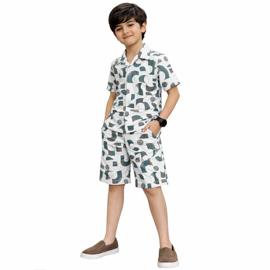 Kuchipoo Boys Cotton Co-Ord Set, Multi-Colored, Half Sleeve Printed Shirt with Shorts, Collar Neck, Casual Summer Wear