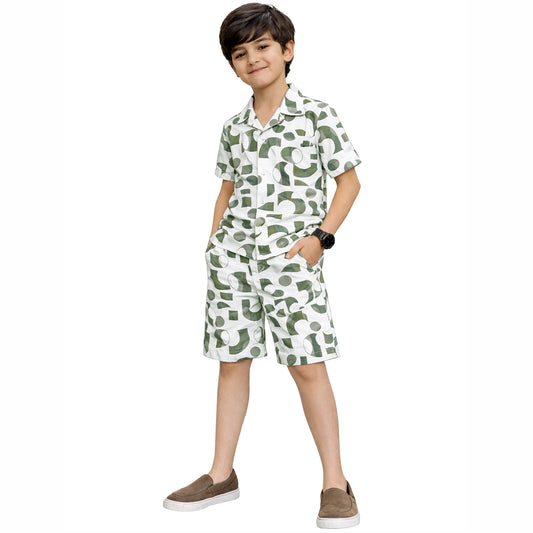 Kuchipoo Boys Cotton Co-Ord Set, Multi-Colored, Half Sleeve Printed Shirt with Shorts, Collar Neck, Casual Summer Wear