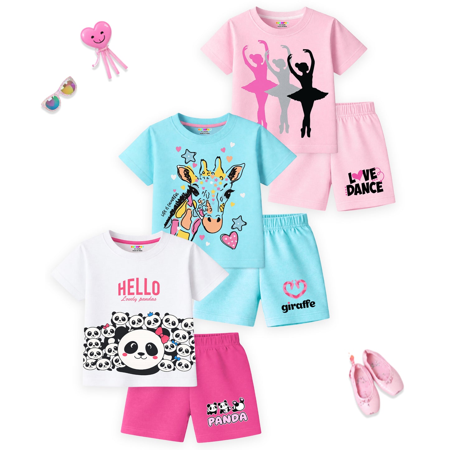 Kuchipoo Girls Cotton T-Shirt & Shorts Set | Half Sleeve Round Neck Top with Elastic Waist Shorts | Soft & Comfortable Casual Wear for Kids | Pack of 3