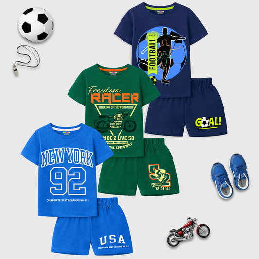 Kuchipoo Boys Cotton T-Shirt & Shorts Set | Half Sleeve Round Neck Top with Elastic Waist Shorts | Soft & Comfortable Casual Wear for Kids | Pack of 3