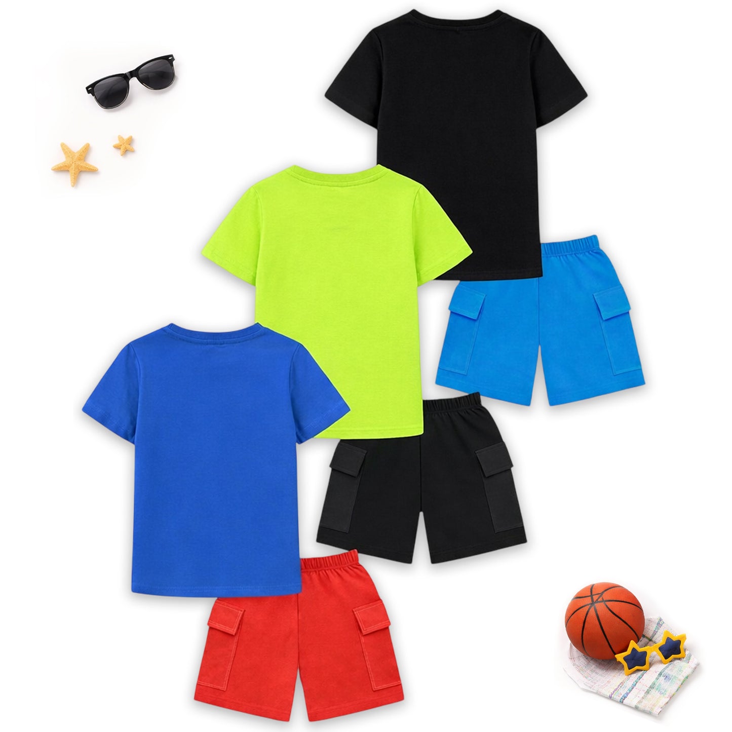 Kuchipoo Boys Cotton Half Sleeve T-Shirt & Cargo Shorts Set | Trendy Graphic Print Summer Wear | Soft & Breathable Kids Clothing Combo with Cargo Pockets | Pack of 3