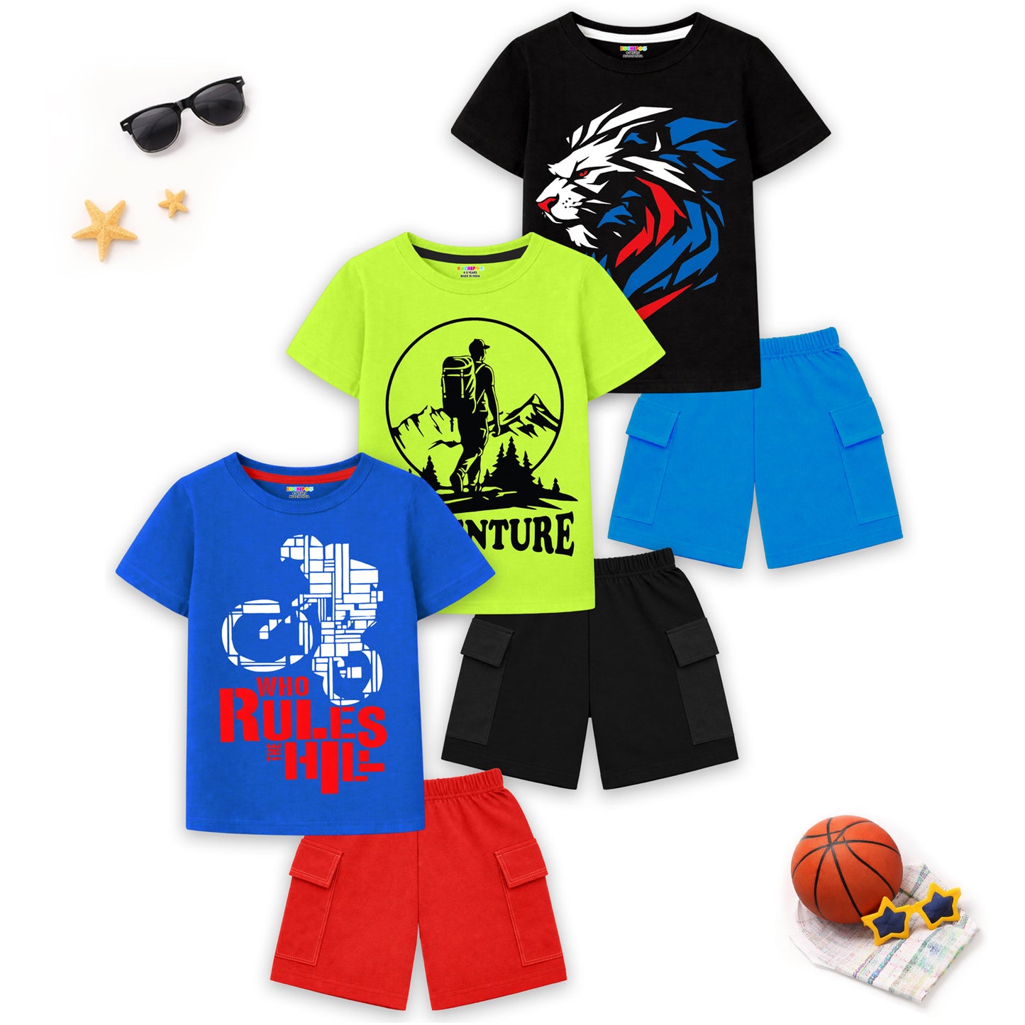 Kuchipoo Boys Cotton Half Sleeve T-Shirt & Cargo Shorts Set | Trendy Graphic Print Summer Wear | Soft & Breathable Kids Clothing Combo with Cargo Pockets | Pack of 3