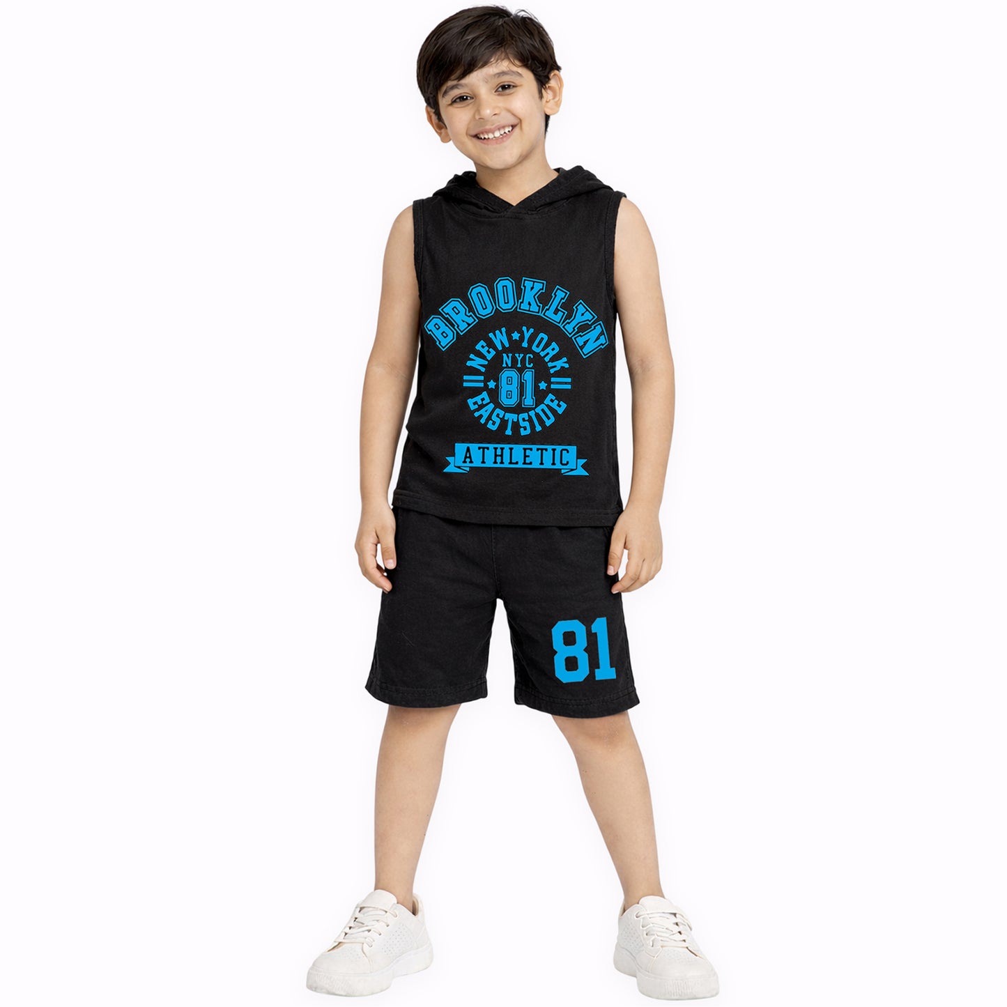 Kuchipoo Boys Summer Hooded Co-Ord Set | Printed Sleeveless T-Shirt & Shorts | Pack of 2