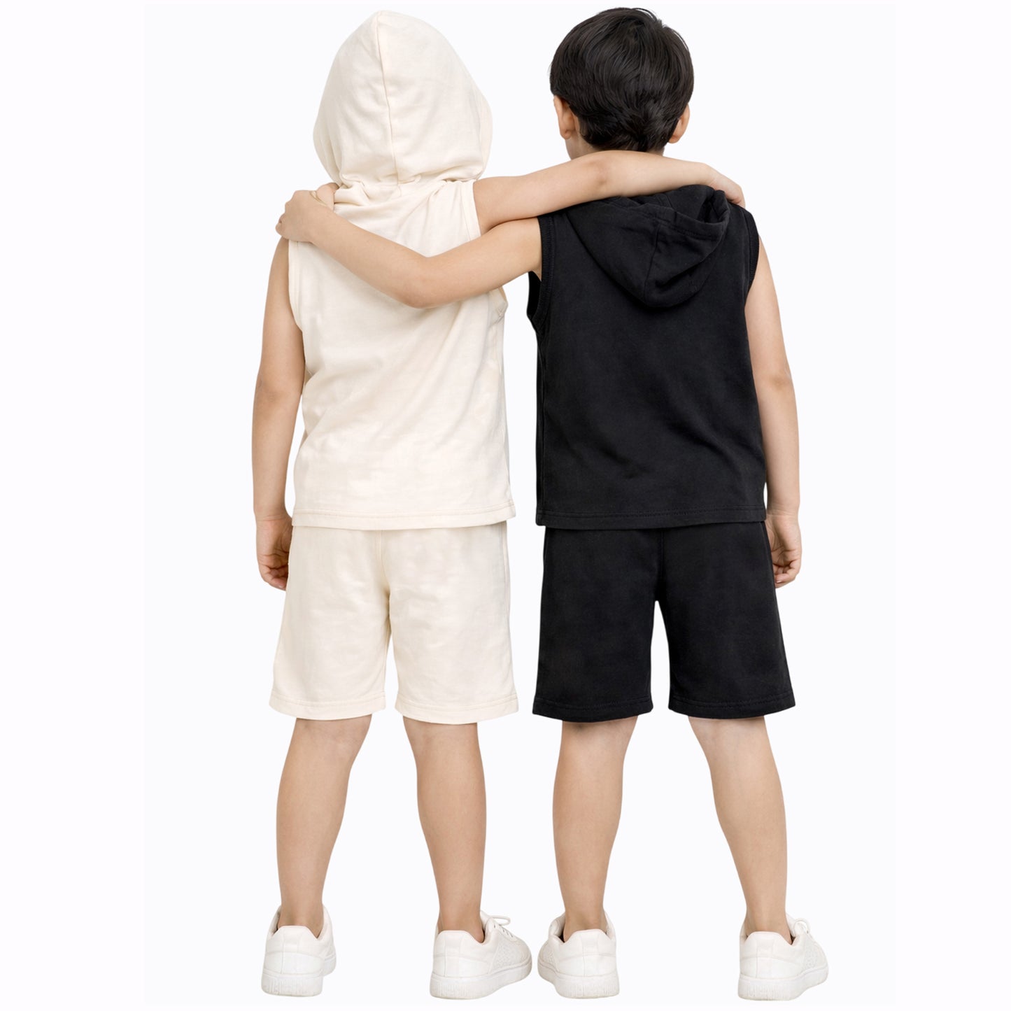 Kuchipoo Boys Summer Hooded Co-Ord Set | Printed Sleeveless T-Shirt & Shorts | Pack of 2