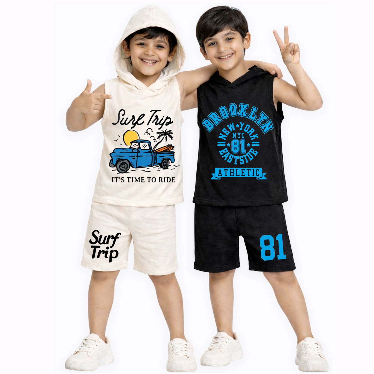 Kuchipoo Boys Summer Hooded Co-Ord Set | Printed Sleeveless T-Shirt & Shorts | Pack of 2