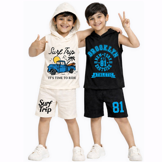 Kuchipoo Boys Summer Hooded Co-Ord Set | Printed Sleeveless T-Shirt & Shorts | Pack of 2