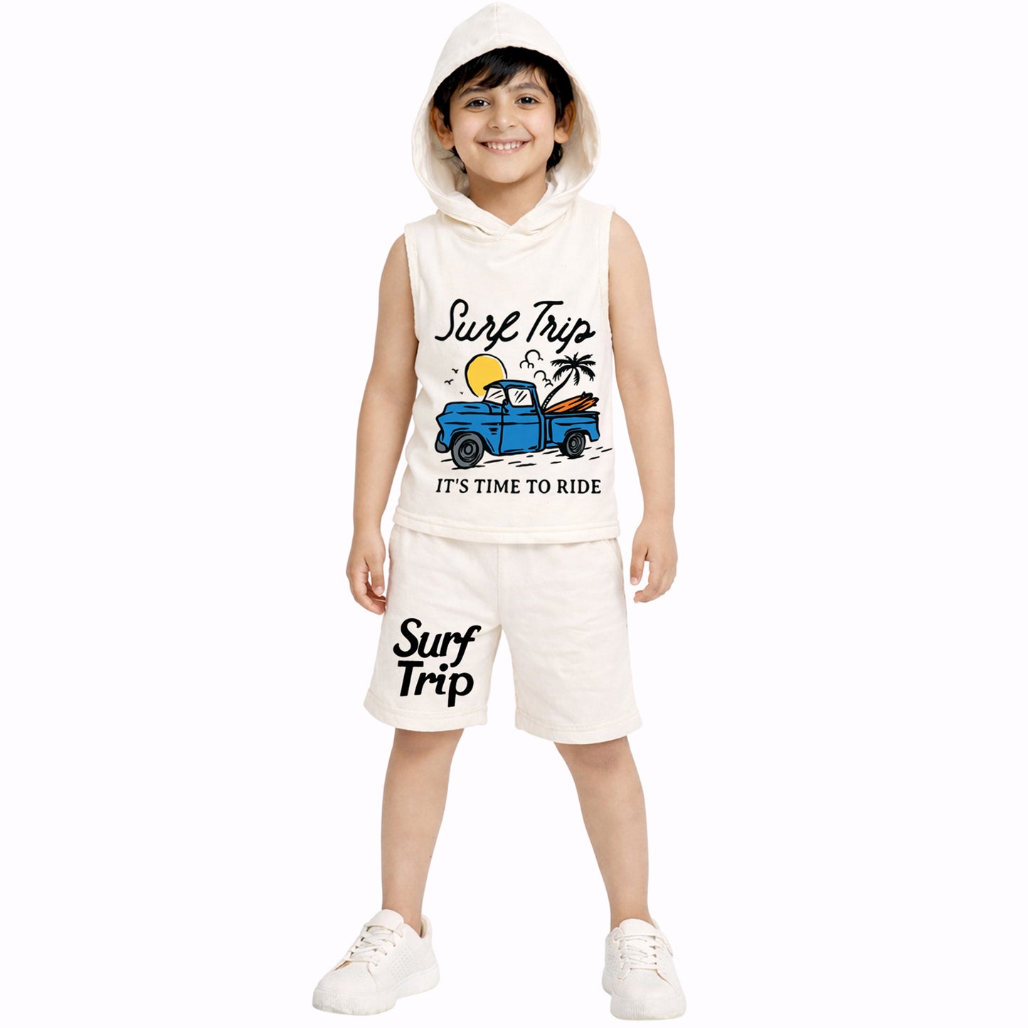 Kuchipoo Boys Summer Hooded Co-Ord Set | Printed Sleeveless T-Shirt & Shorts | Pack of 2