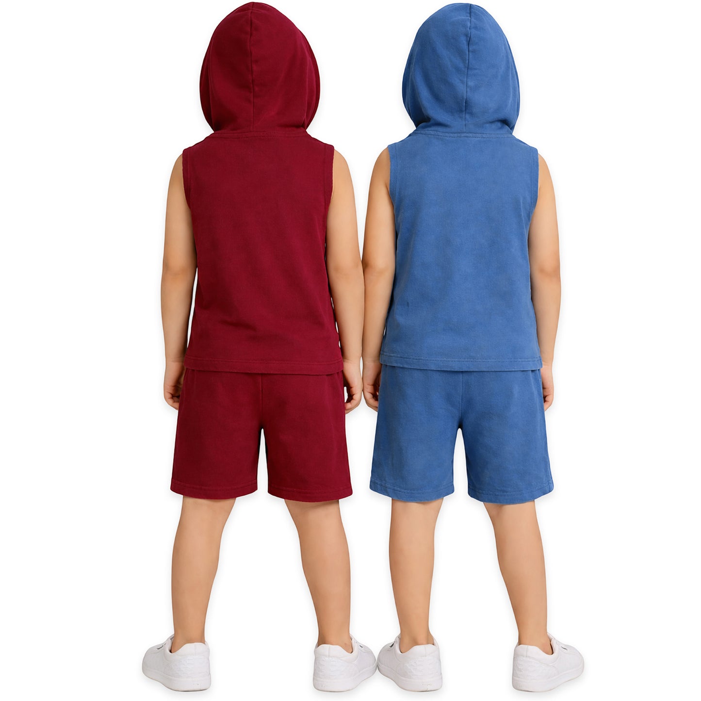 Kuchipoo Boys Summer Hooded Co-Ord Set | Printed Sleeveless T-Shirt & Shorts | Pack of 2