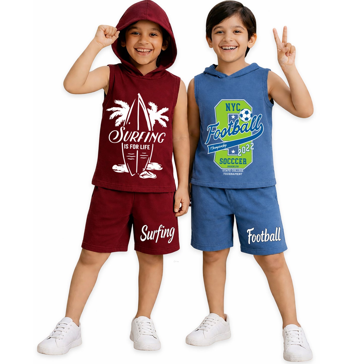Kuchipoo Boys Summer Hooded Co-Ord Set | Printed Sleeveless T-Shirt & Shorts | Pack of 2