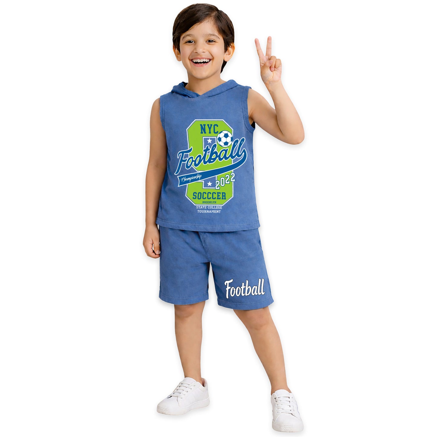 Kuchipoo Boys Summer Hooded Co-Ord Set | Printed Sleeveless T-Shirt & Shorts | Pack of 2