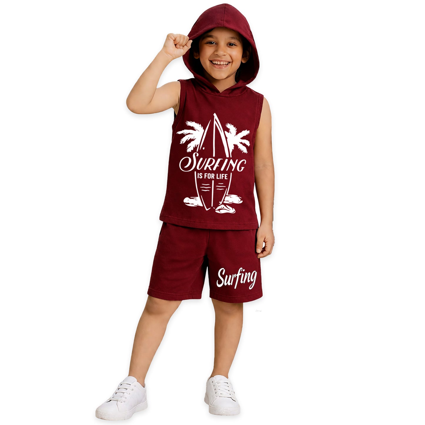 Kuchipoo Boys Summer Hooded Co-Ord Set | Printed Sleeveless T-Shirt & Shorts | Pack of 2