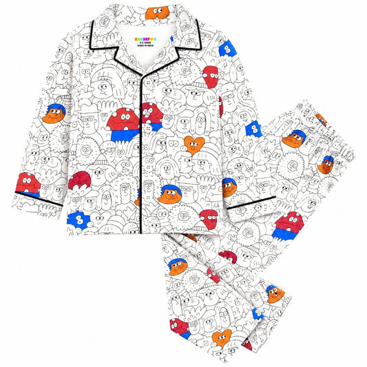 Kuchipoo Boys 100% Cotton Night Suit Set | Soft & Breathable Printed Pyjama Set | Full Sleeve Button Down Sleepwear for Boys