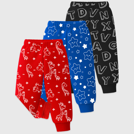 Kuchipoo Baby Boy Winter Fleece Pajamas with All Over Print – Warm & Soft Bottoms (Pack of 3)