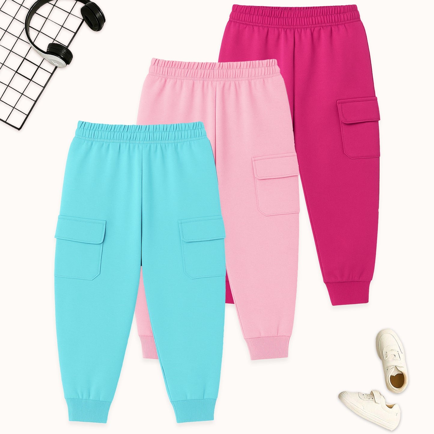 Kuchipoo Girls Cargo Joggers - Pack of 3