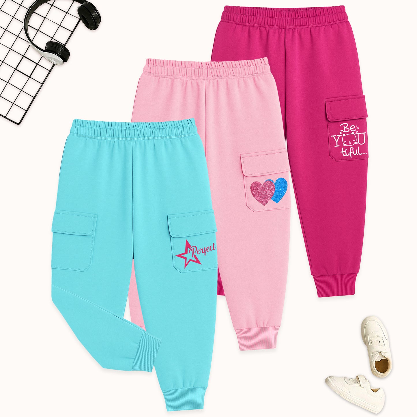 Kuchipoo Girls Cargo Joggers - Pack of 3